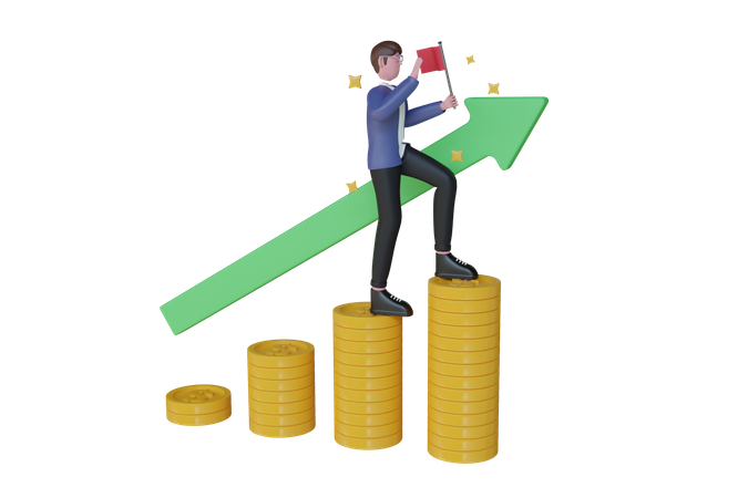 Businessman with gold coins and graph arrow  3D Illustration