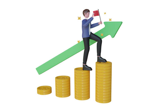 Businessman with gold coins and graph arrow  3D Illustration