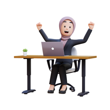 Businessman With Hijab Celebrating In Desk With Laptop  3D Illustration