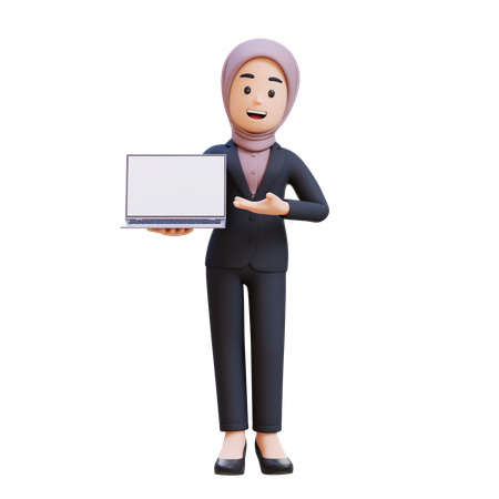 Businessman With Hijab Holding And Presenting To Laptop With Empty Screen  3D Illustration