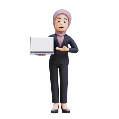 Businessman With Hijab Holding And Presenting To Laptop With Empty Screen  3D Illustration