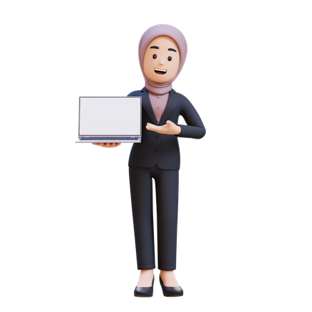 Businessman With Hijab Holding And Presenting To Laptop With Empty Screen  3D Icon
