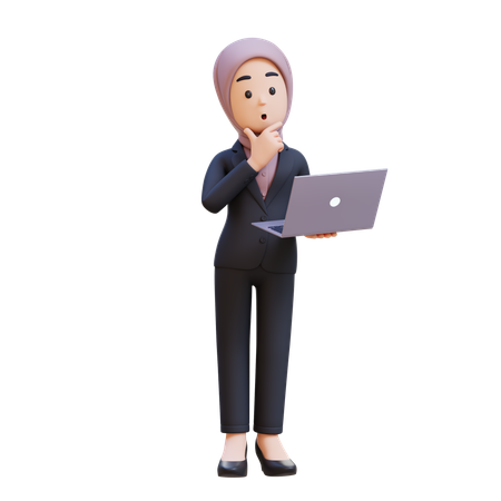 Businessman With Hijab Holding Laptop And Thinking  3D Icon