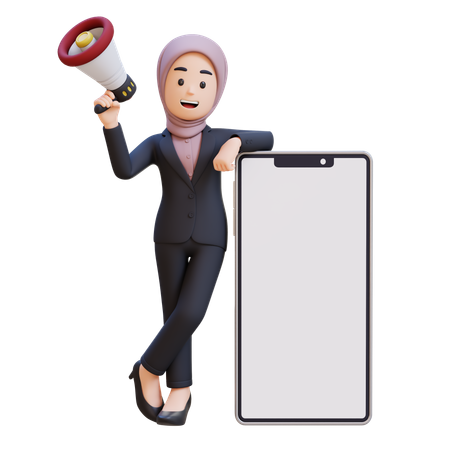 ヒジャブをかぶったビジネスマンがメガホンを持ち、大きな携帯電話の隣に立っている  3D Icon