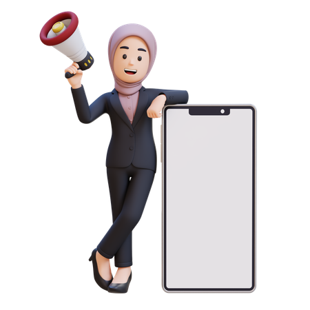 Businessman With Hijab Holding Megaphone And Standing Next To Big Cell Phone  3D Illustration
