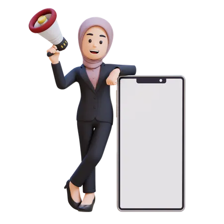 Businessman With Hijab Holding Megaphone And Standing Next To Big Cell Phone  3D Illustration