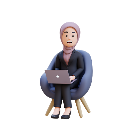 Businessman With Hijab Sitting In Chair With Laptop In Front Of Her  3D Illustration