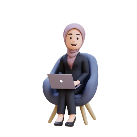 Businessman With Hijab Sitting In Chair With Laptop In Front Of Her  3D Illustration