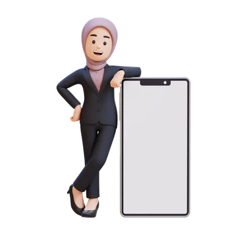 Businessman With Hijab Standing Next To Blank Cell Phone  3D Illustration