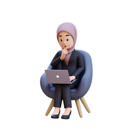 Businessman With Hijab Thinking Sitting In Chair With Laptop In Front Of Her  3D Illustration