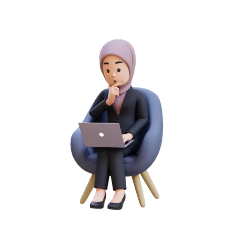 Businessman With Hijab Thinking Sitting In Chair With Laptop In Front Of Her  3D Illustration