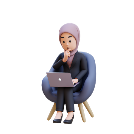 Businessman With Hijab Thinking Sitting In Chair With Laptop In Front Of Her  3D Icon