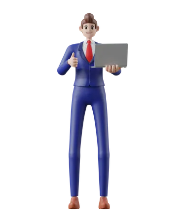 Businessman with laptop and hand ok gesture  3D Illustration