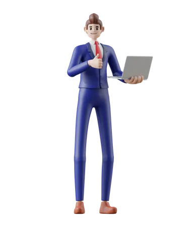 Businessman With Laptop And Hand Ok Gesture 3 D Illustration Of Cute Cartoon Smiling Isolated On White Background 3D Illustration