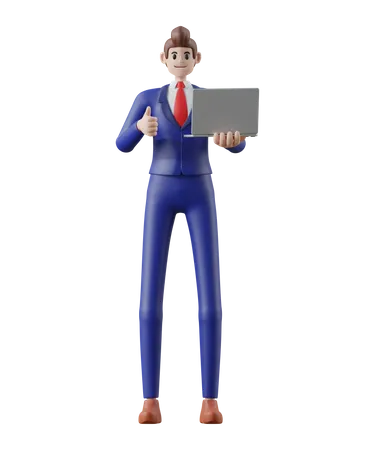 Businessman With Laptop And Hand Ok Gesture 3 D Illustration Of Cute Cartoon Smiling Isolated On White Background 3D Illustration