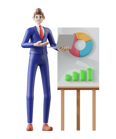 Businessman with laptop and presenting gesture  3D Illustration