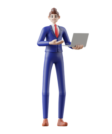 Businessman with laptop and presenting gesture  3D Illustration