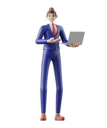 Businessman with laptop and presenting gesture  3D Illustration