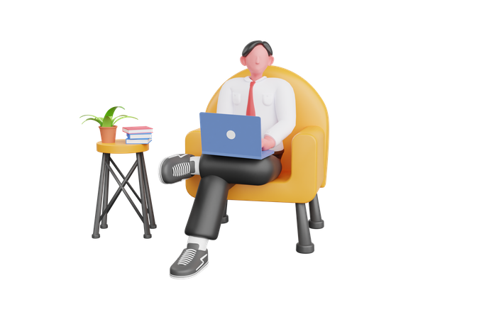 Businessman with laptop sitting in office  3D Icon