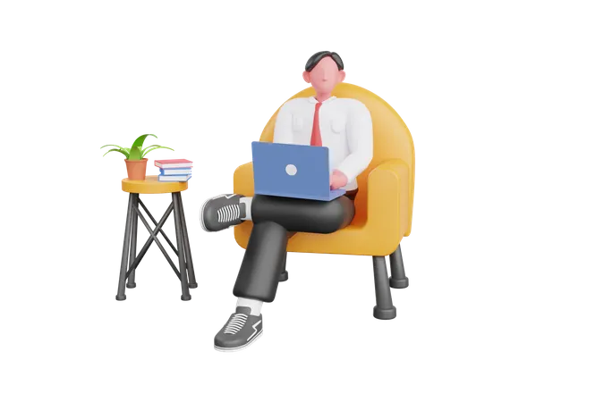 Businessman with laptop sitting in office  3D Illustration