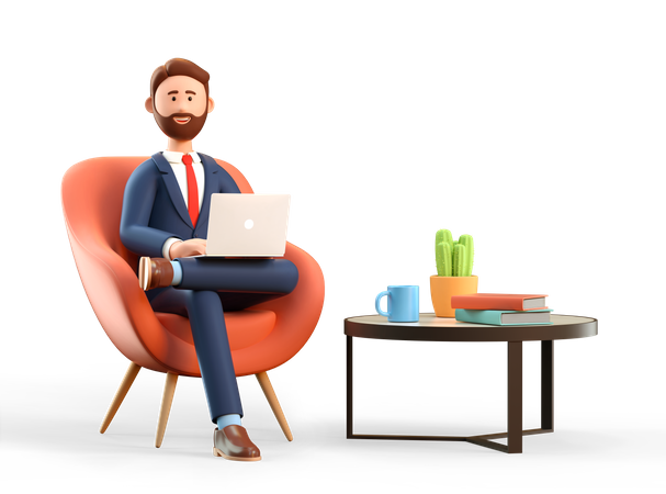 Businessman with laptop sitting in office workplace  3D Icon