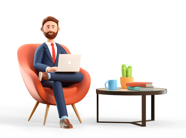 Businessman with laptop sitting in office workplace 3D Illustration