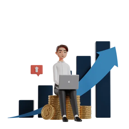 3 D Illustration Of A Businessman With A Laptop Sitting On A Pile Of Coins With A Statistics Chart Ornament Grow Up 3D Illustration