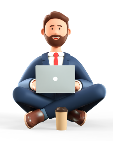 Businessman with laptop sitting on the floor in yoga lotus position 3D Illustration