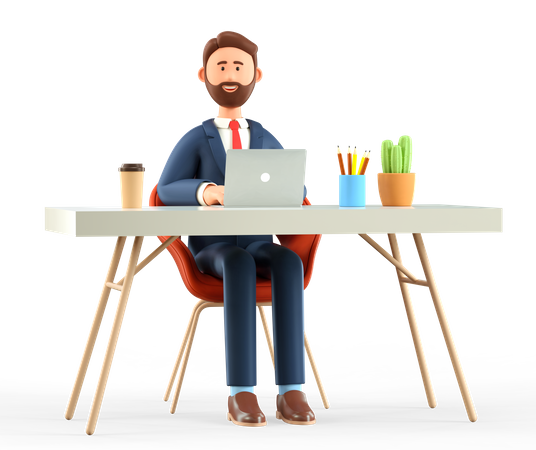 Businessman with laptop working at the desk  3D Icon