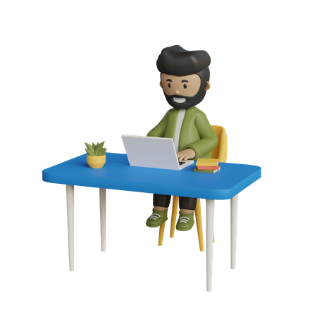Businessman with laptop working at the desk  3D Icon