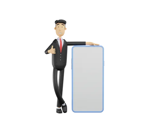 3 D Bussiness Man Character Standing Next To Smart Phone And Giving Thumbs Up Isolated On White Background 3D Illustration