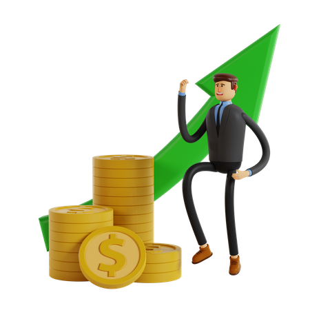 Businessman with pile of coin dollar and green arrow rising  3D Icon