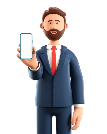 3 D Illustration Of Standing Man Holding Smartphone And Showing Blank Screen Close Up Portrait Of Cartoon Smiling Businessman Demonstrating Empty Phone Screen 3D Illustration