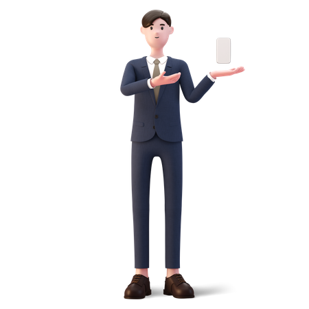 Businessman with smartphone and showing blank screen 3D Illustration