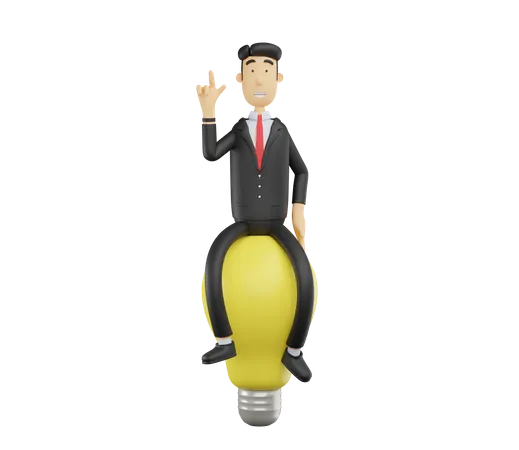 3 D Bussiness Man Character Sitting On A Light Bulb Looking For Ideas 3D Illustration