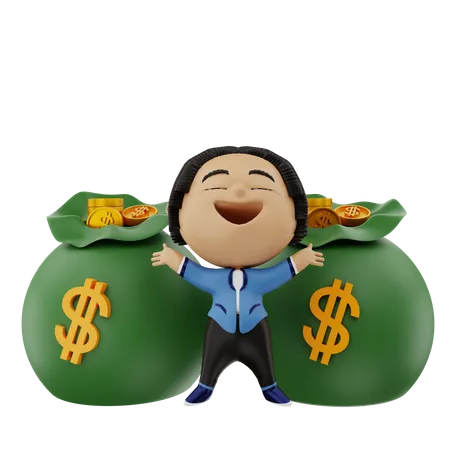 Businessman with two money bags  3D Illustration