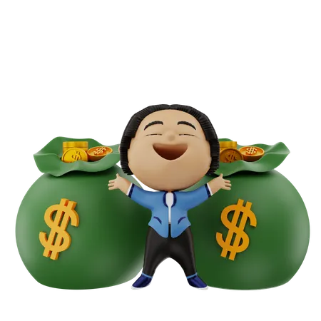 Businessman with two money bags 3D Illustration