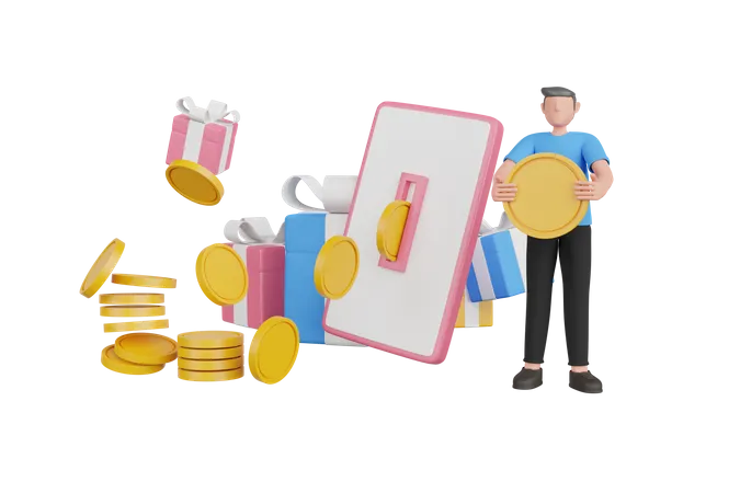 Businessman withdraw money online from smartphone 3D Illustration