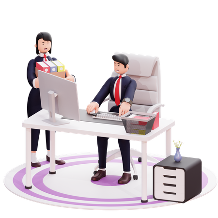 Businessman work at office while assistant bring documents 3D Illustration
