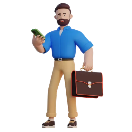 Businessman Work With Briefcase And Smartphone  3D Illustration