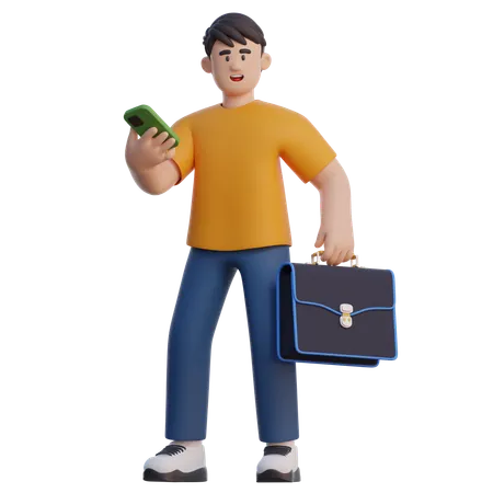 Businessman Work With Briefcase And Smartphone  3D Illustration