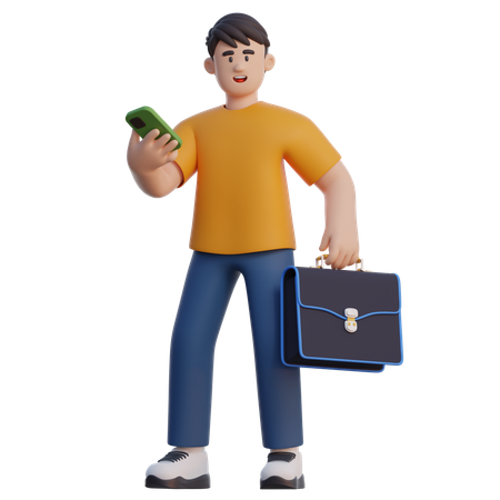 Businessman Work With Briefcase And Smartphone  3D Illustration