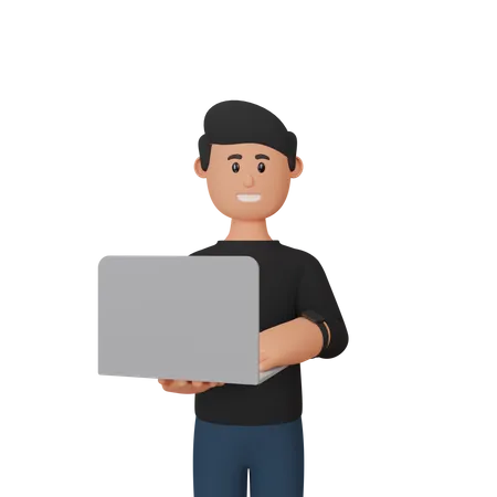 Smiling Man Holding A Laptop 3 D Illustration 3D Illustration