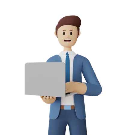 Smiling Man Holding A Laptop 3 D Illustration 3D Illustration