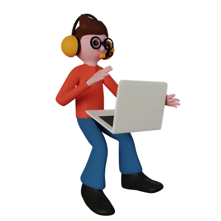 Character With Laptop And Headphone 3 D Illustration Contains PNG BLEND And OBJ 3D Illustration