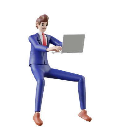 Businessman Working And Interacting With Laptop 3 D Illustration Of Cute Cartoon Smiling Isolated On White Background 3D Illustration