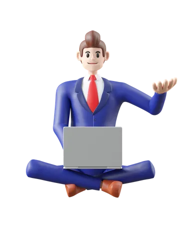 Businessman Sitting Pose Working On Laptop 3 D Illustration Of Cute Cartoon Smiling Isolated On White Background 3D Illustration