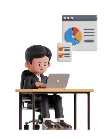 3 D Illustration Of Cartoon Businessman Working On Laptop At Office Desk 3D Illustration