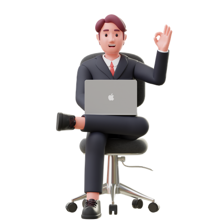 Businessman working on laptop while seat on chair  3D Illustration