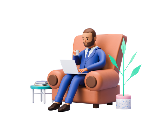 Businessman Working on laptop while seating on sofa 3D Illustration